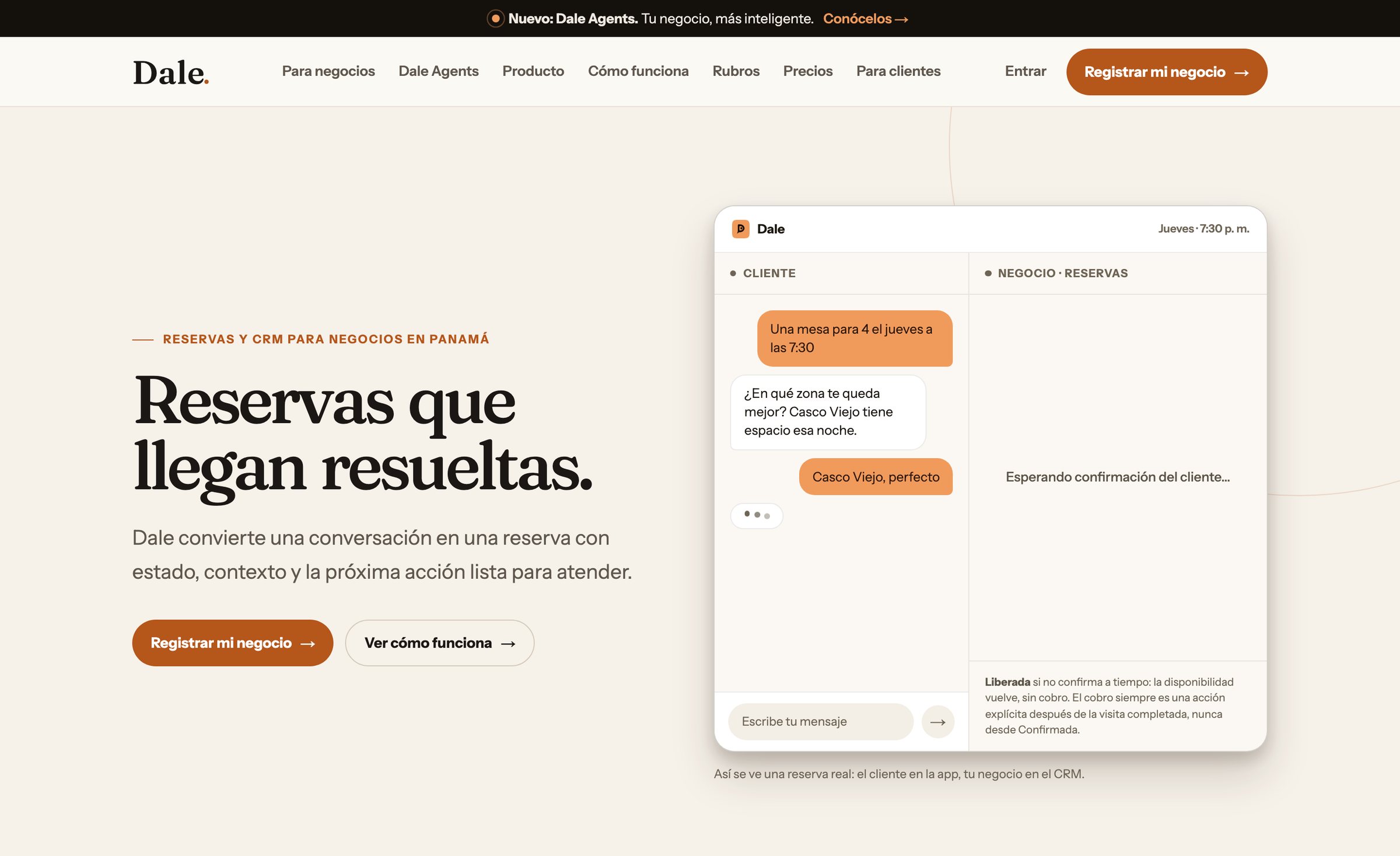 Website de Dale: Reservas que llegan resueltas, con el chat de una reserva al lado